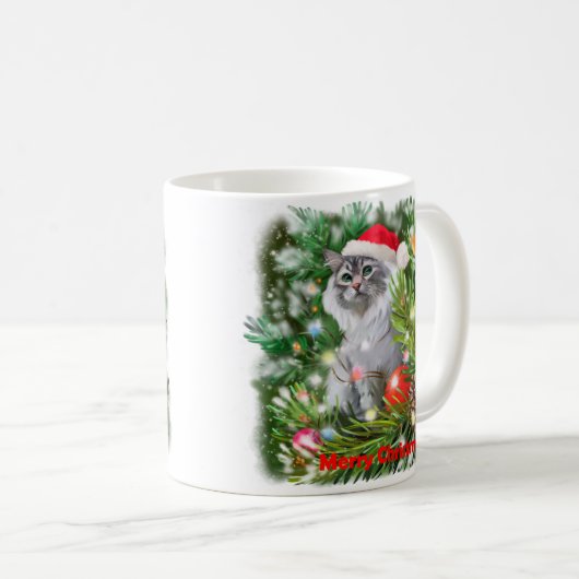 Eine Katze im Hut des Weihnachtsmanns und ein Weih Kaffeetasse (VorderseiteRechts)