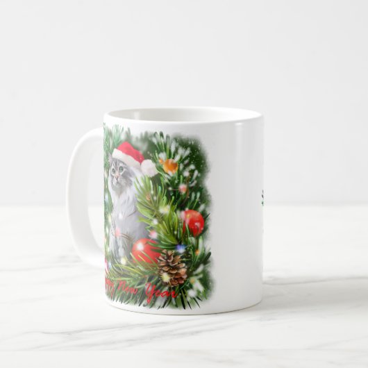 Eine Katze im Hut des Weihnachtsmanns und ein Weih Kaffeetasse (Vorderseite Links)