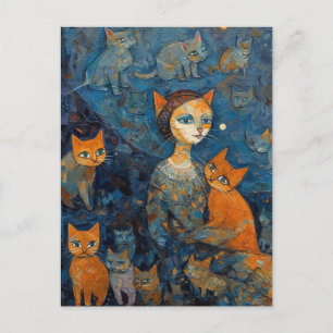 Eine Katze in der Stadt nachts mit ihren Katzen Postkarte