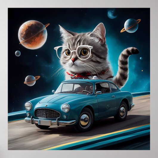 Eine Katze mit Brille, die ein Auto auf ... Poster (Vorne)