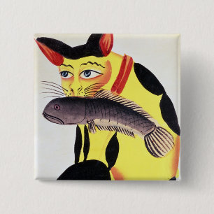 Eine Katze mit einem Fisch in seinem Mund, vom Button
