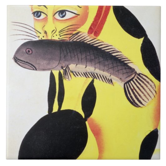 Eine Katze mit einem Fisch in seinem Mund, vom Fliese (Vorderseite)