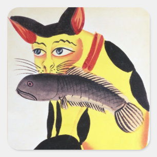 Eine Katze mit einem Fisch in seinem Mund, vom Quadratischer Aufkleber
