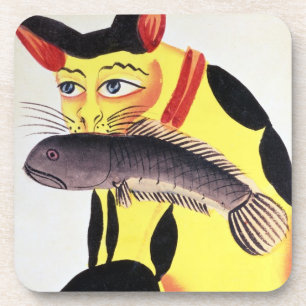 Eine Katze mit einem Fisch in seinem Mund, vom Untersetzer