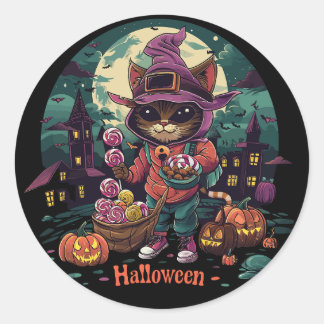 eine Katze mit einem Korb von Blume und einer Katz Runder Aufkleber