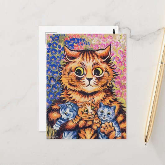 Eine Katze mit ihren Kätzchen von Louis Wain Postkarte (Vorderseite/Rückseite Beispiel)