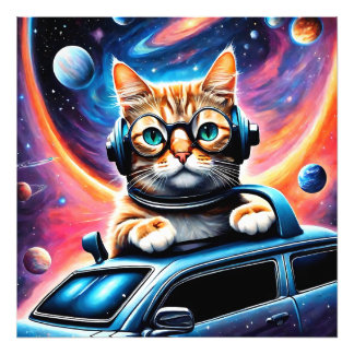 Eine Katze mit Kopfhörer und Brille auf ... Fotodruck