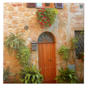Eine Katze sucht den Eingang zum Haus in Pienza, I Fliese