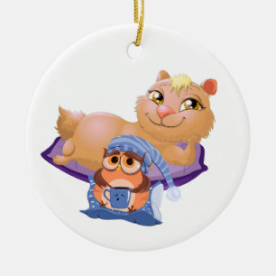 eine Keramik mit einer Katze und einem lustigen Ha Ornament