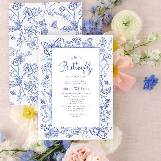 Eine kleine blaue und weiße florale Babyparty mit Einladung