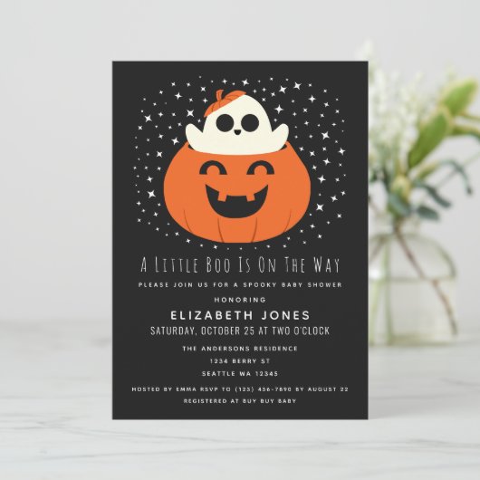 Eine kleine Boo Halloween Baby Dusche Einladung (Stehend Vorderseite)