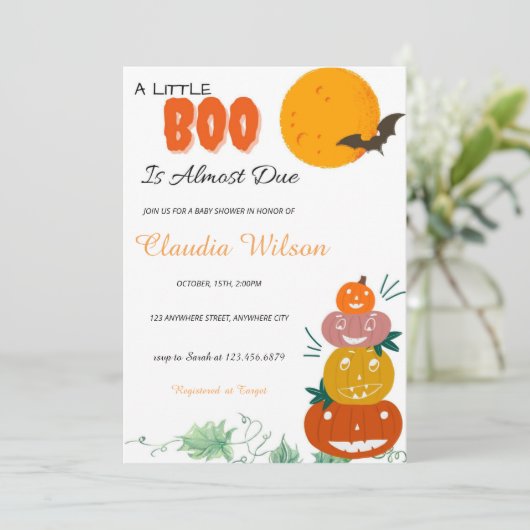 Eine kleine Boo Halloween Baby Dusche Einladung (Stehend Vorderseite)