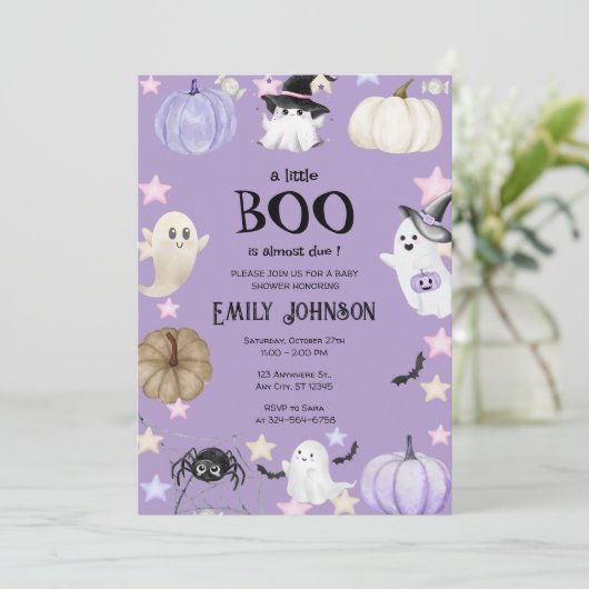 Eine kleine Boo Halloween Babydusche lila Einladung (Stehend Vorderseite)