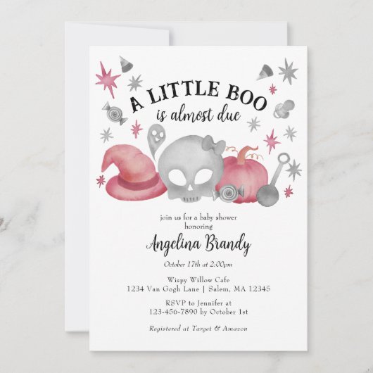 Eine kleine Boo Pink & Graue Halloween Kinderdusch Einladung (Vorderseite)