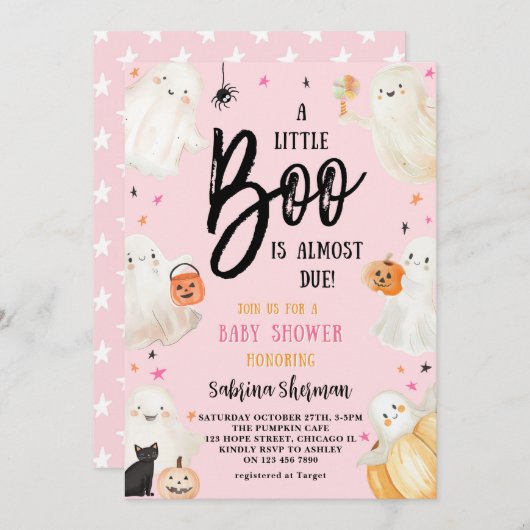 Eine kleine Boo Pink Niedliche Halloween-Kinderdus Einladung (Vorne/Hinten)