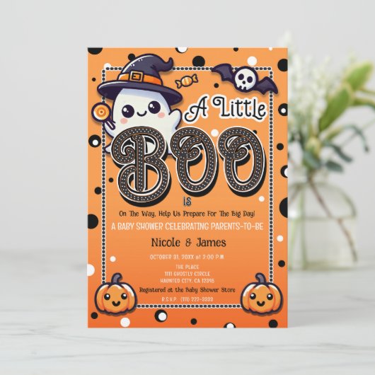 Eine kleine Boo Polka Dots Halloween Baby Dusche Einladung (Stehend Vorderseite)