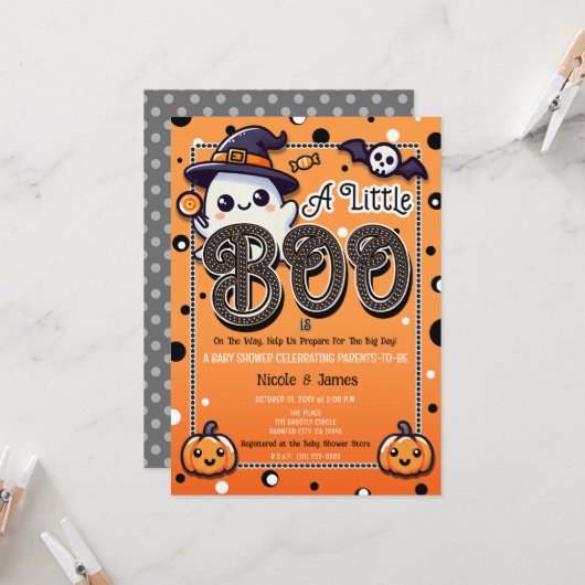 Eine kleine Boo Polka Dots Halloween Baby Dusche Einladung (Vorderseite/Rückseite Beispiel)