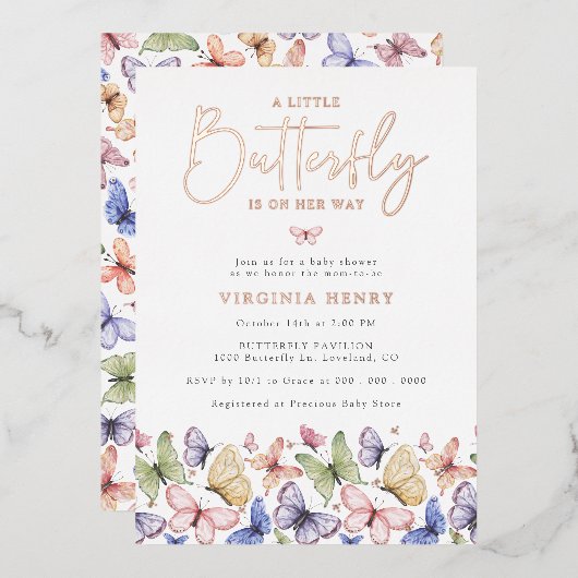 Eine kleine Butterfly-Babydusche Folieneinladung (Vorderseite/Rückseite)