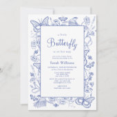Eine kleine Butterfly Blue & White Floral Baby Dus Einladung (Vorderseite)
