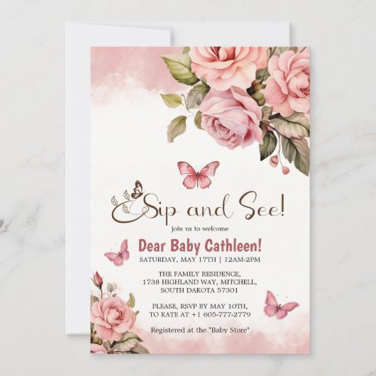 Eine kleine Butterfly-Blumen-Baby-Dusche und sehen Einladung (Vorderseite)