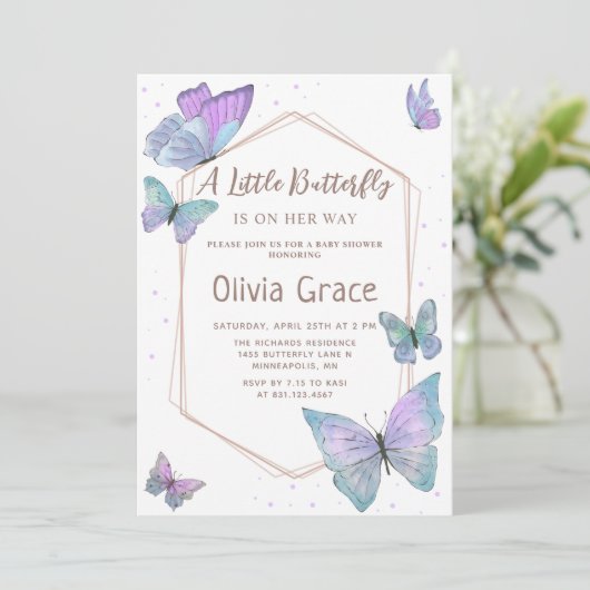 Eine kleine Butterfly-Girl-Babydusche Einladung (Stehend Vorderseite)