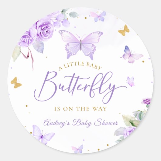 Eine kleine Butterfly-Lila Gold Floral Baby Dusche Runder Aufkleber (Vorderseite)