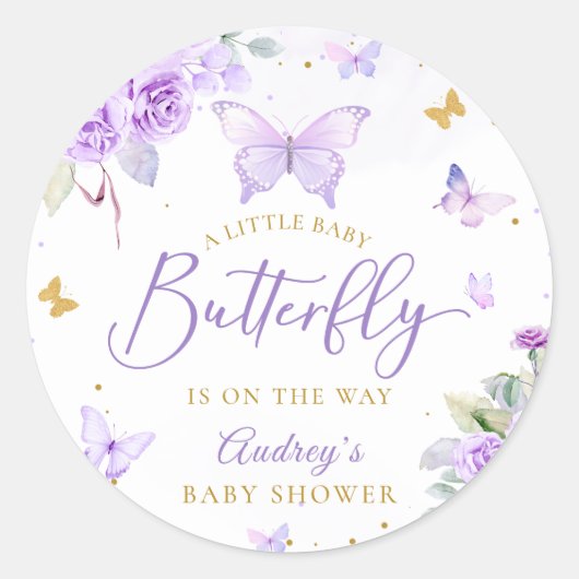 Eine kleine Butterfly-Lila Gold Floral Baby Dusche Runder Aufkleber (Vorderseite)