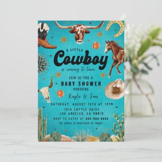 Eine kleine Cowboy-Babydusche Einladung (Stehend Vorderseite)
