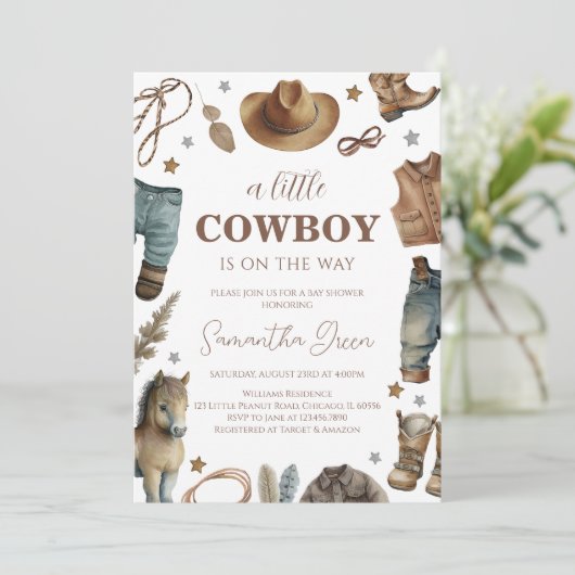 Eine kleine Cowboy-Babydusche Einladung (Stehend Vorderseite)