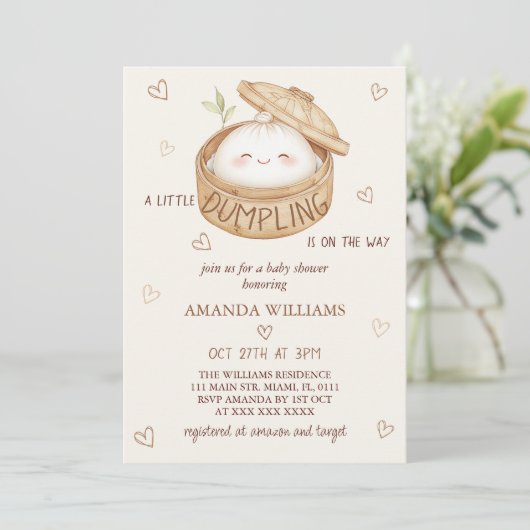 Eine kleine Dumpling ist auf dem Weg zur Babydusch Einladung (Stehend Vorderseite)