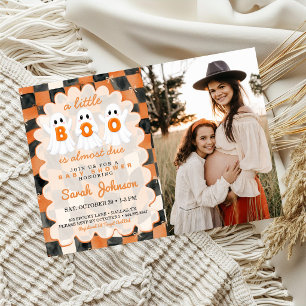 Eine kleine Eule ist fällig Orange karierte Babypa Einladung