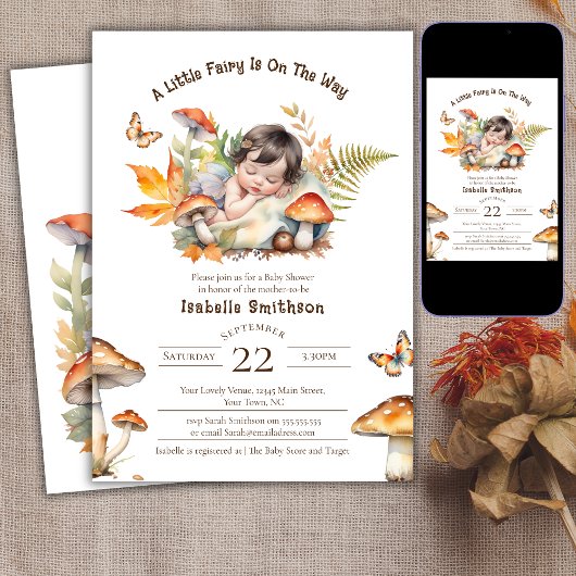 Eine kleine Fee ist auf dem Weg zur Woodland Babyd Einladung