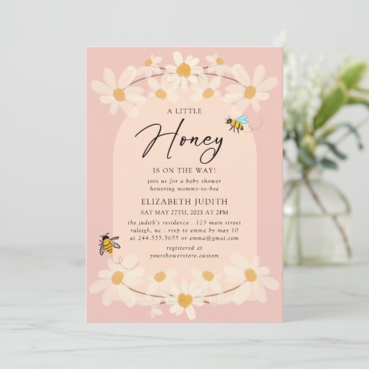 Eine kleine Honey Bees Floral Daisy Baby Dusche Einladung (Stehend Vorderseite)