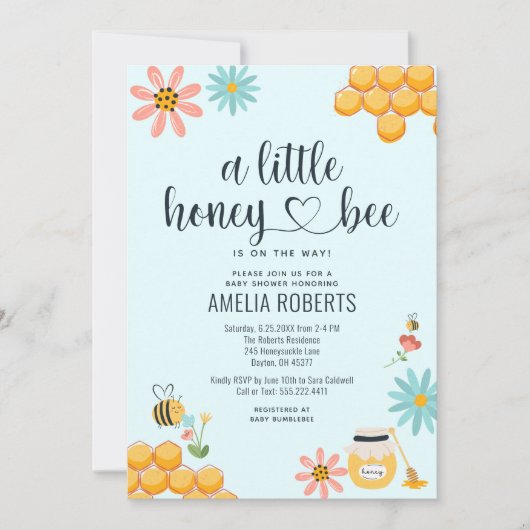 Eine kleine Honigbiene ist auf dem Weg zur Babydus Einladung (Vorderseite)