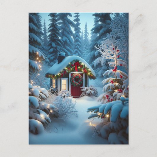 Eine kleine Hütte im Wald | Weihnachten Postkarte (Vorderseite)