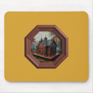 Eine kleine Hütte steht auf einer Plattform in ein Mousepad