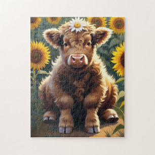 Eine kleine Kuh auf einem Sonnenblumenfeld Puzzle