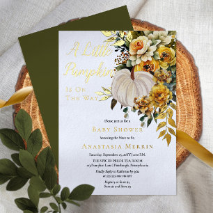 Eine kleine Kürbisherbst-Gold-Blumen-Baby-Party Folieneinladung