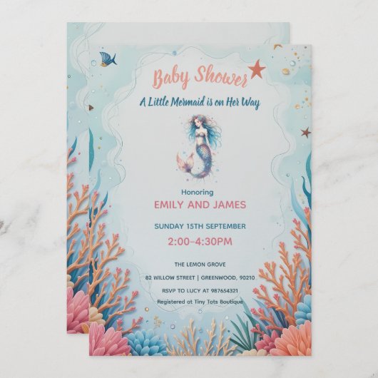 Eine kleine Meerjungdusche mit Wasserfarbe unter W Einladung (Vorne/Hinten)