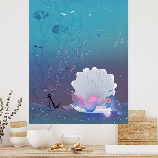 Eine kleine Meerjungfrau, die in einer Muschel sch Poster (Küche)