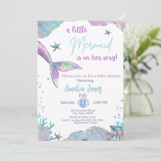 Eine kleine Meerjungfrau ist auf ihrem Weg Baby Du Einladung (Stehend Vorderseite)