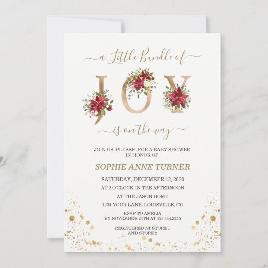 Eine kleine Menge Joy Poinsettia Gold Baby Dusche Einladung (Vorderseite)