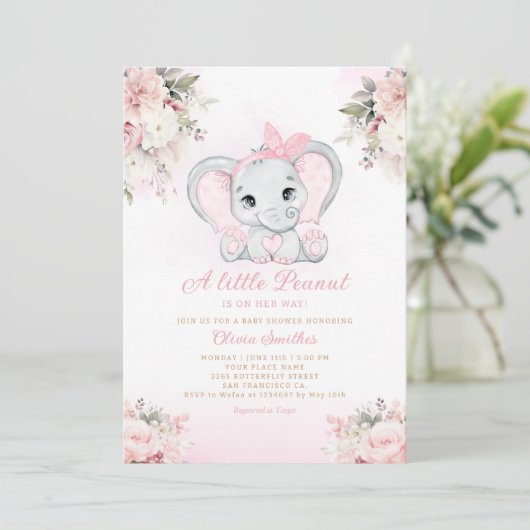 Eine kleine Peanut Floral Elephant Girl Baby Dusch Einladung (Stehend Vorderseite)