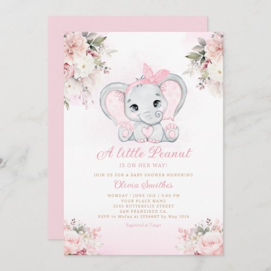 Eine kleine Peanut Floral Elephant Girl Baby Dusch Einladung (Vorne/Hinten)