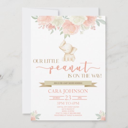 Eine kleine Peanut-Mama Baby Elephant Babydusche Einladung (Vorderseite)