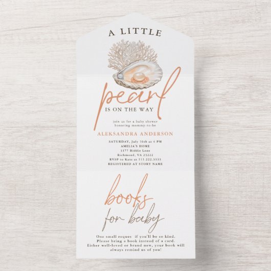 Eine kleine Perlwasserfarbe Seashell Babydusche All In One Einladung (Innen)