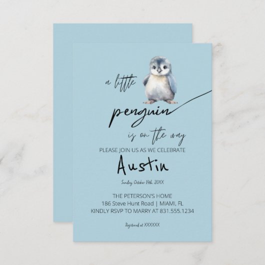 Eine kleine Pinguin-Babydusche Einladung (Vorne/Hinten)