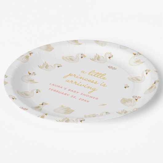 Eine kleine Prinzessin kommt Swan Baby Dusche an Pappteller (Schrägansicht)