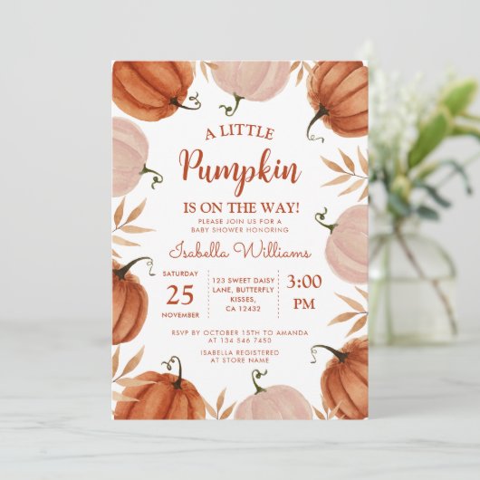 Eine kleine Pumkin Girl Babydusche Einladung (Stehend Vorderseite)