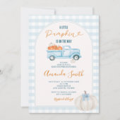 Eine kleine Pumpkin Blue Truck Gingham Baby Dusche Einladung (Vorderseite)